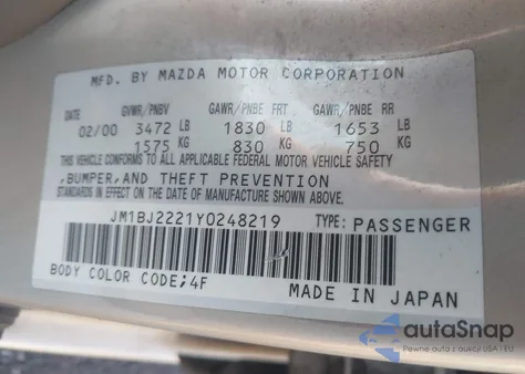 2000 Mazda Protege Dx/Lx z USA, uszkodzony, nr VIN JM1BJ2221Y0248219